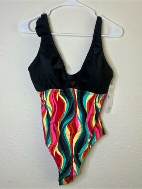 Stylish Swimwear Black Multicolor Ruffle One-Piece‎ Swimsuit Medium Beach Camp